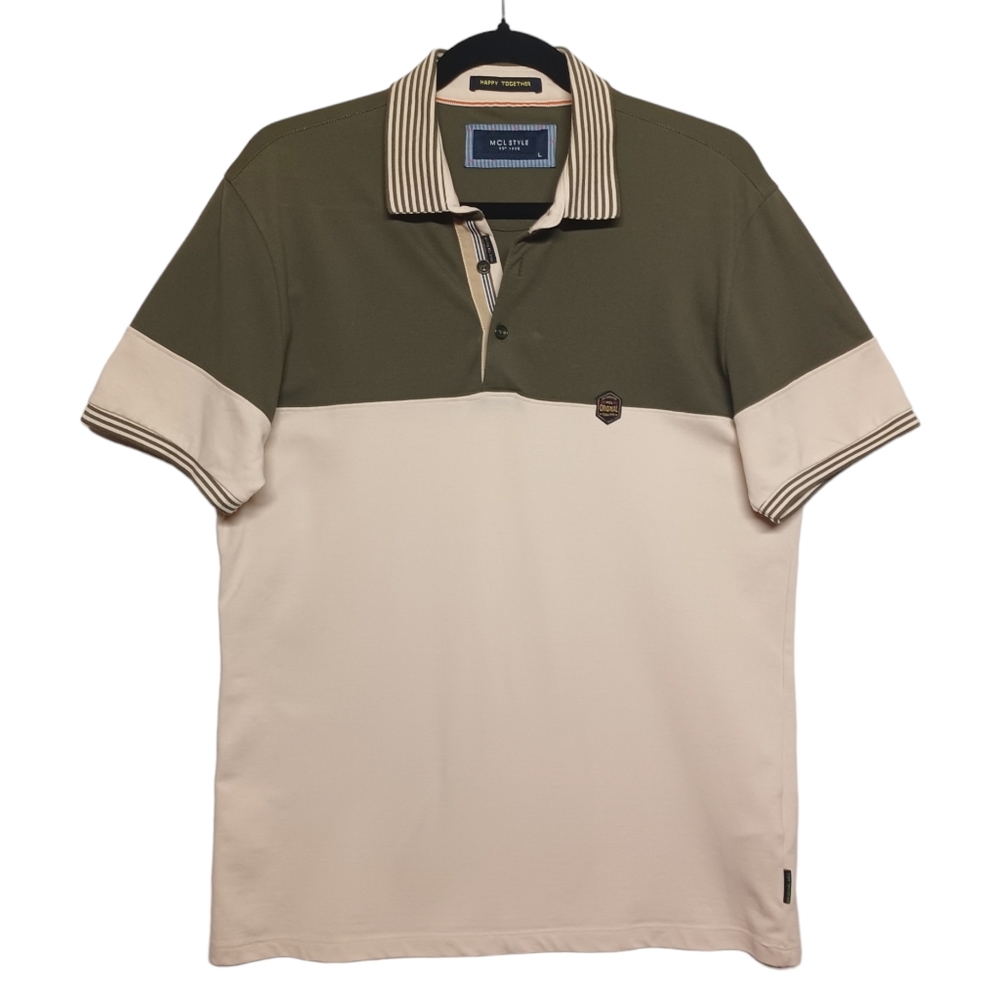 MCL STYLE Happy Together Olive Green Cream Colorblock Short Sleeve Polo Shirt L